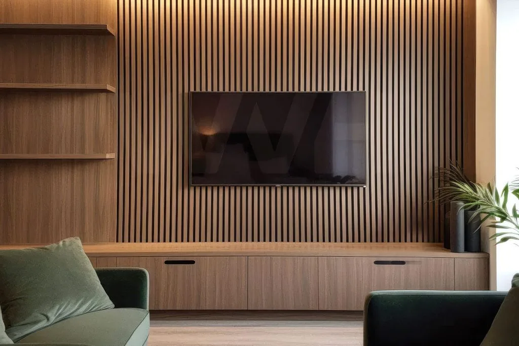 A modern living room with a wall-mounted TV on a timber slat acoustic panel accent wall, built-in shelves on the left, a green couch in the foreground, and a plant on the right. Natural light comes from the right side.