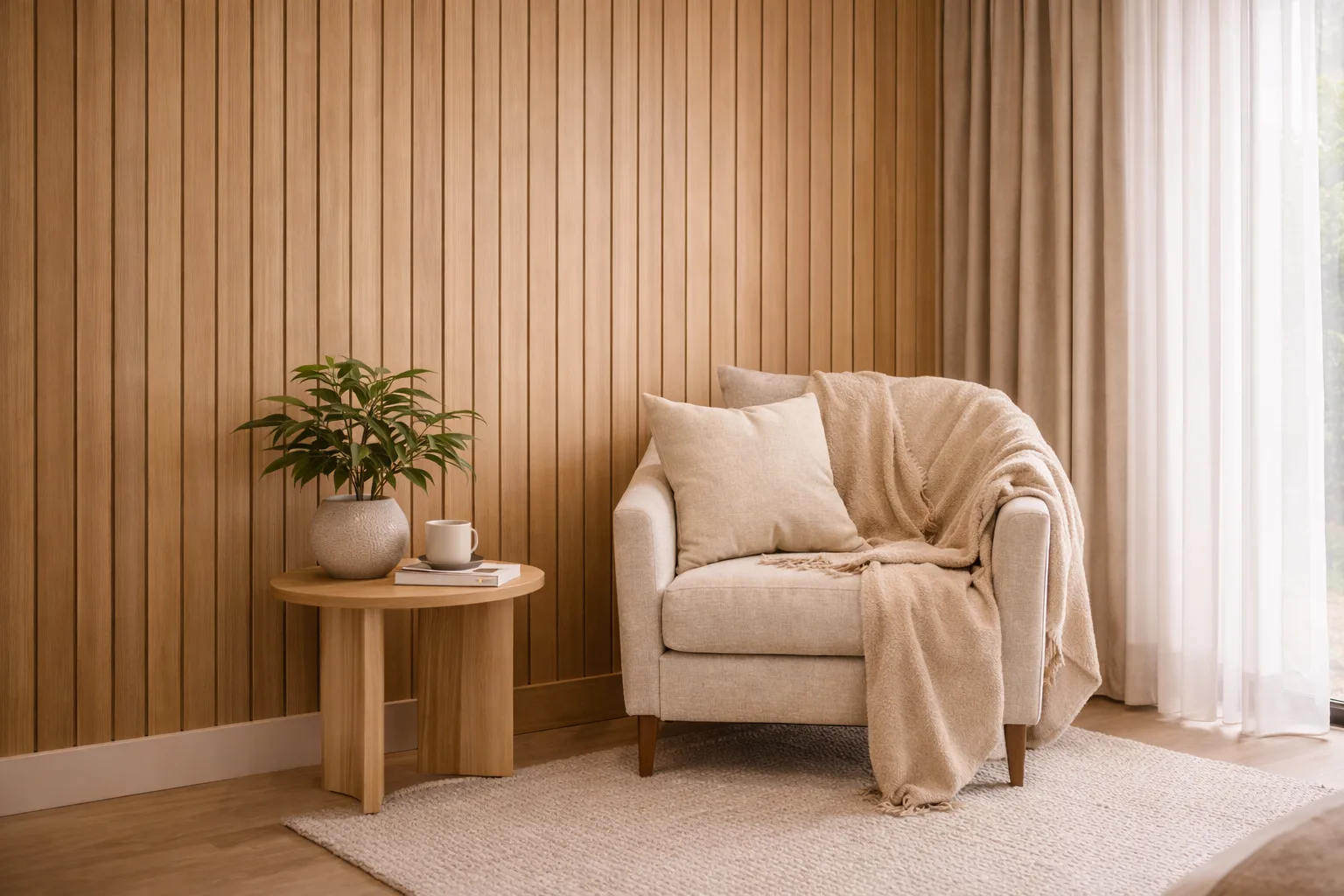 A cozy beige armchair with pillows and a blanket sits beside a small wooden table with a potted plant and a cup. The room features wooden panel walls, light curtains, and a textured rug.
