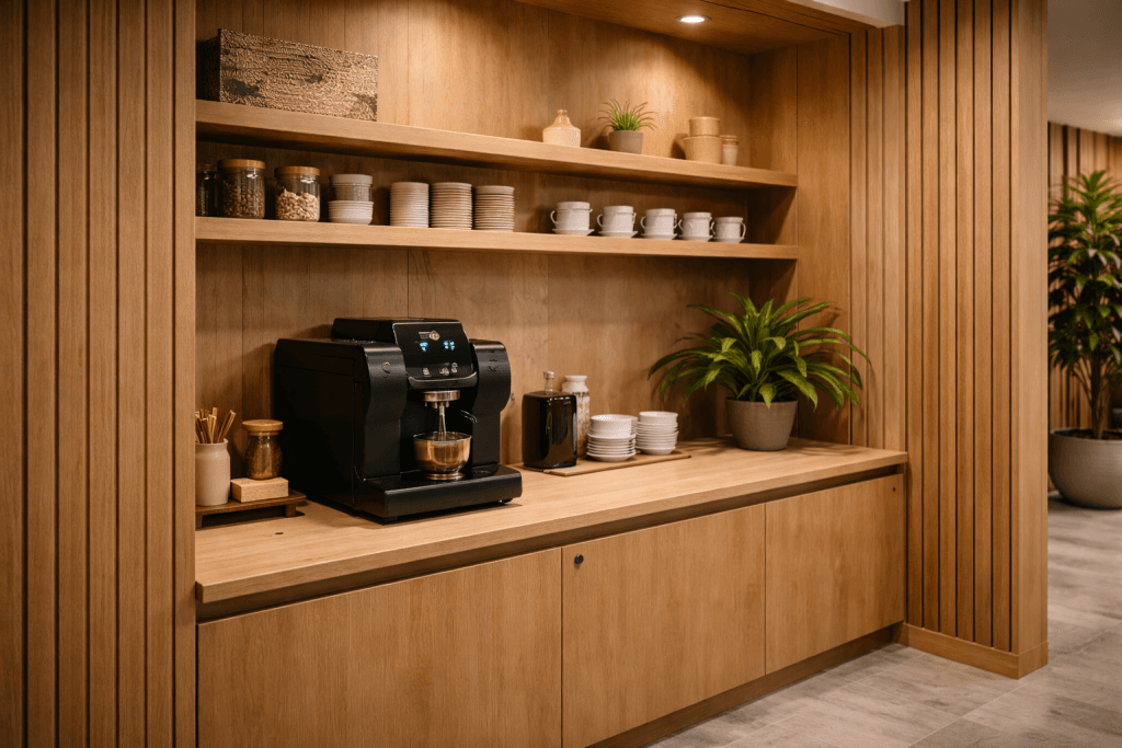 A modern coffee station with a black coffee machine, stacked cups, glass jars, plates, utensils, and potted plants on wooden shelves and counter in a warmly lit space with wood-paneled walls.