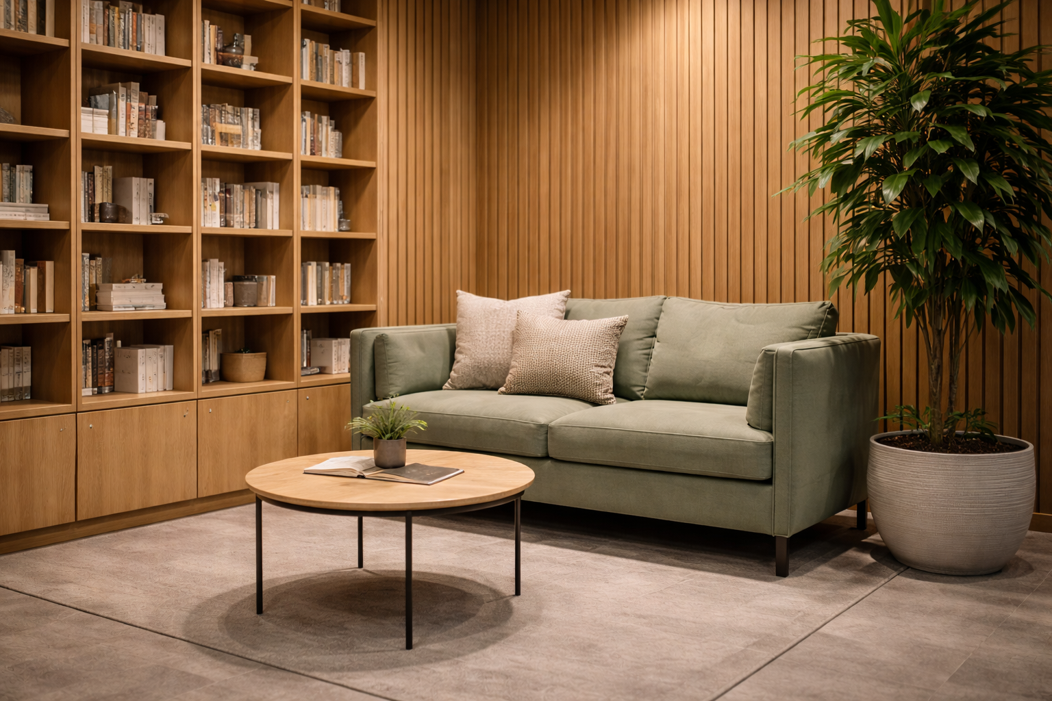A modern living room with a green sofa, two beige pillows, a round wooden coffee table with magazines and a small plant, built-in bookshelves filled with books, wood-paneled walls, and a large potted plant.