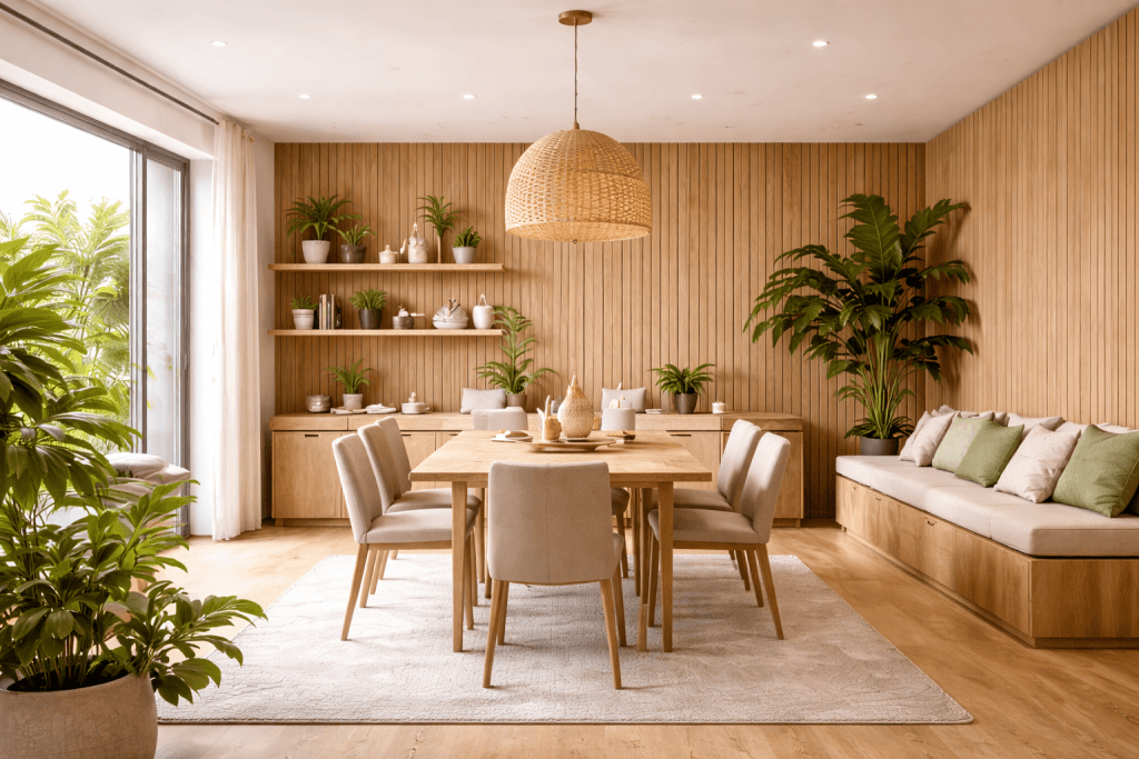 Modern dining room with a wooden table, six beige chairs, a built-in bench with green cushions, large potted plants, shelves with decor, and natural light from a window, creating a warm, inviting atmosphere.