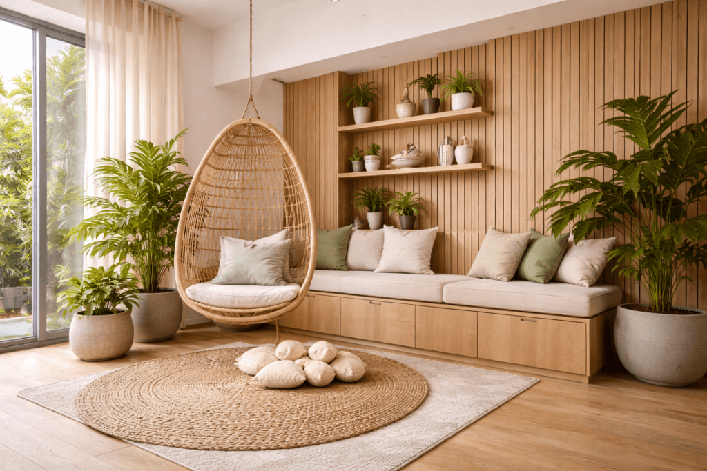 A cozy, modern living room with a hanging rattan chair, built-in bench seating with light cushions, potted green plants, a round woven rug, and natural wood accents. Large windows let in abundant natural light.
