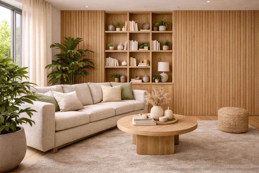 A modern living room with a beige sofa, round wooden coffee table, indoor plants, and built-in wooden shelves filled with books and decor. Light streams in from a window, creating a cozy and inviting atmosphere.