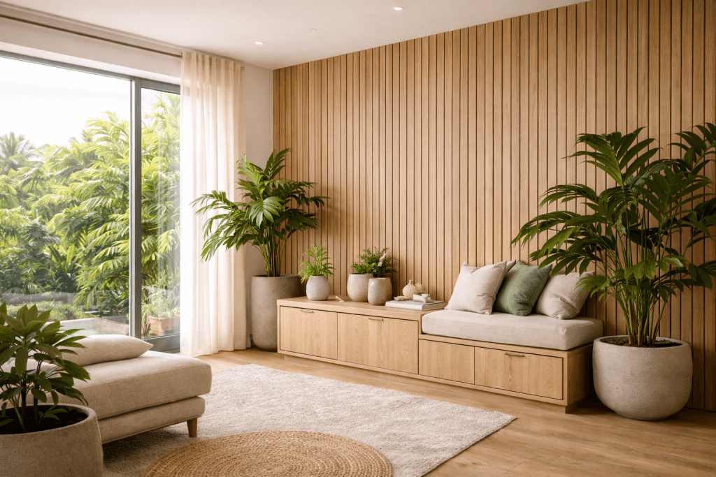 A modern living room with light wood paneling, a built-in bench with cushions, large potted green plants, a soft rug, and floor-to-ceiling windows overlooking lush greenery outside.