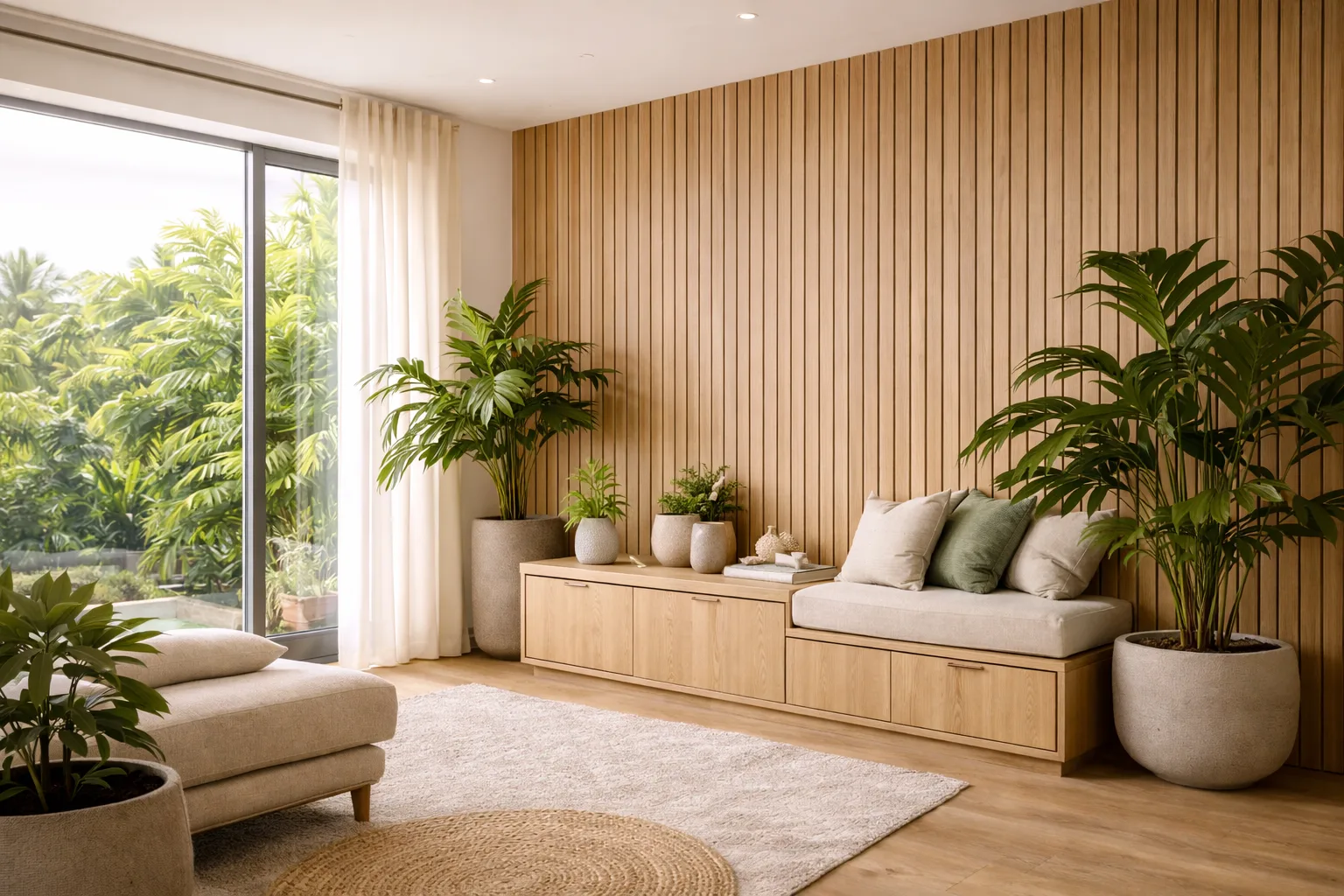A modern living room with light wood paneling, a built-in bench with cushions, large potted green plants, a soft rug, and floor-to-ceiling windows overlooking lush greenery outside.