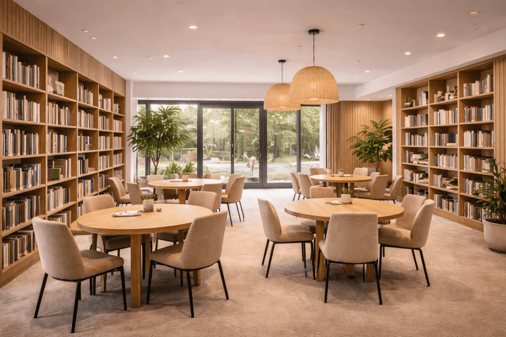 A modern library with wooden shelves full of books, round tables with beige chairs, large indoor plants, and big windows overlooking a green outdoor area. Warm lighting creates a cozy atmosphere.