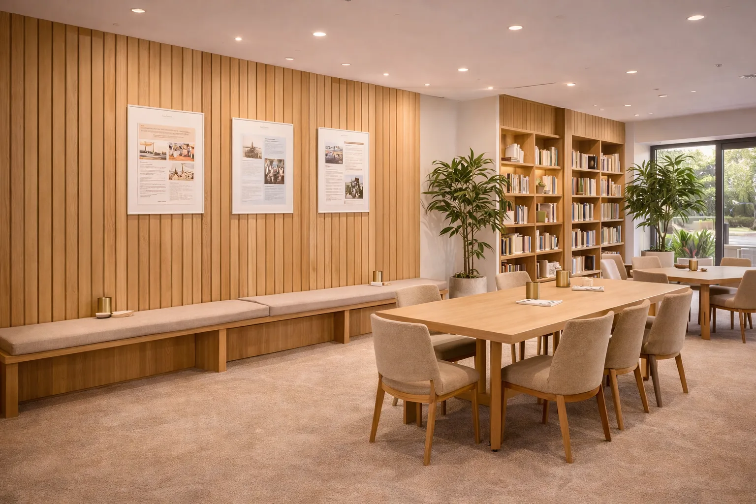 A modern, well-lit library or meeting room with wooden walls, a long wooden table surrounded by chairs, built-in bookshelves, large potted plants, and framed artwork on the walls. Natural light comes through a window.