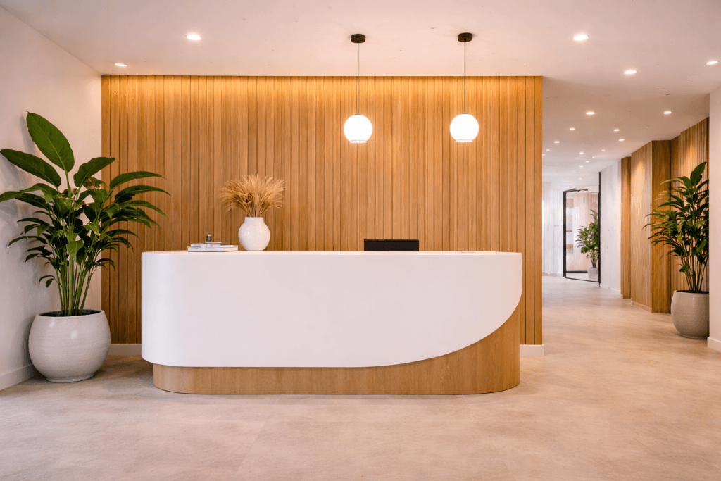 A modern office reception area with a curved white desk, wood panel wall, two hanging globe lights, potted plants on each side, and a white vase with dried wheat on the desk. The space is clean and minimalistic.