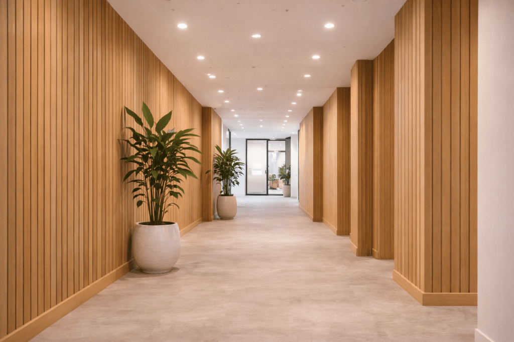 A modern hallway with wooden slat walls, beige flooring, and ceiling lights. Large potted plants are placed along the corridor, leading to a glass door at the end.