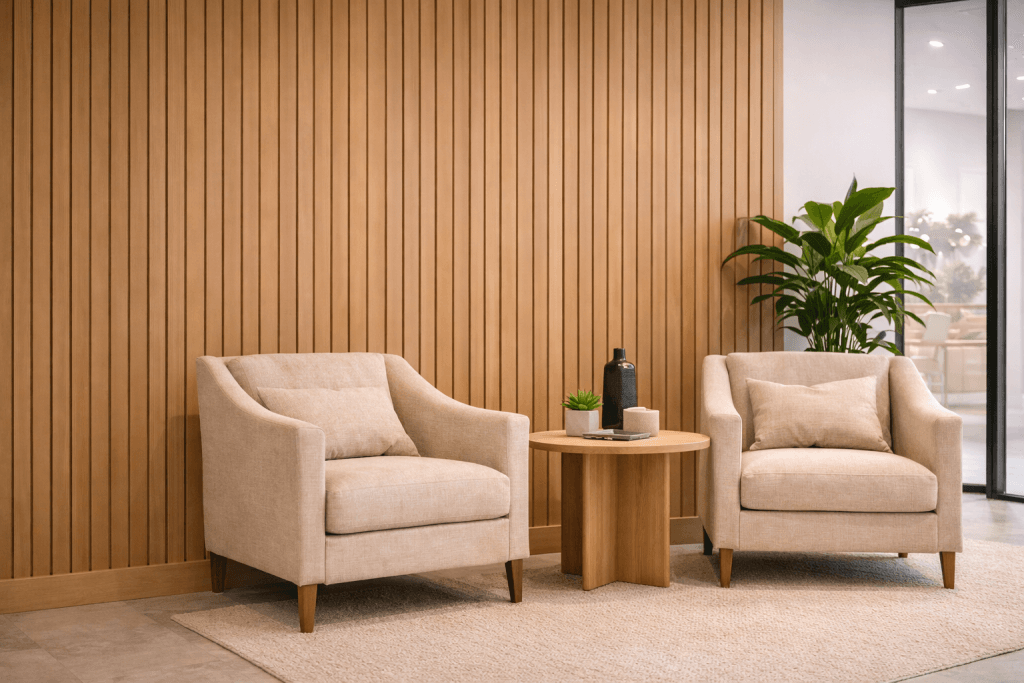 Two beige armchairs with cushions sit on a light rug beside a small wooden table with decor, against a slatted wood wall. A green plant is in the corner near large glass windows. The space looks modern and inviting.