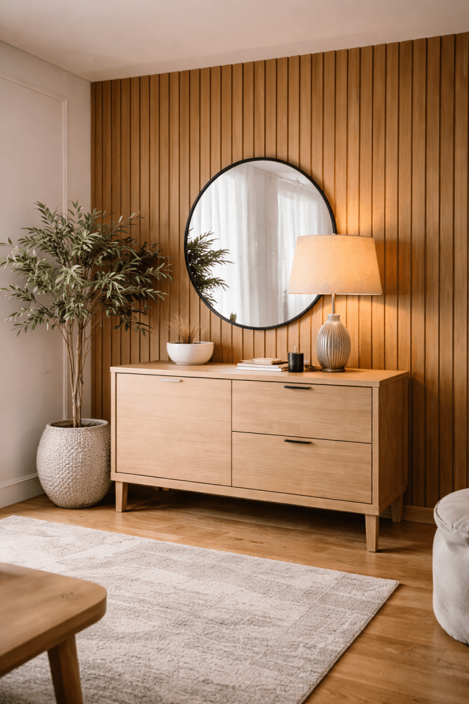 A modern living room features a light wood sideboard with a round mirror above it, a table lamp, decorative bowl, and plant on top. A tall potted plant stands to the left, and a textured rug covers the wooden floor.