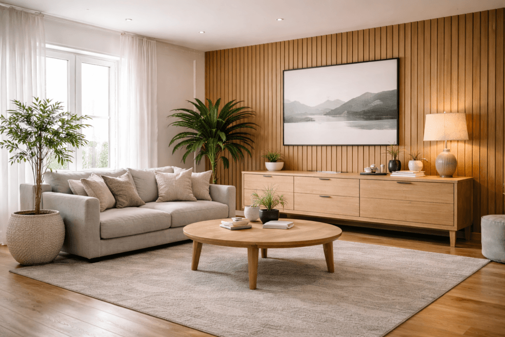 A modern living room with a light gray sofa, round wooden coffee table, and a sideboard topped with lamps and decor. Large plants and a framed landscape photo decorate the space, which features a wood-paneled accent wall.