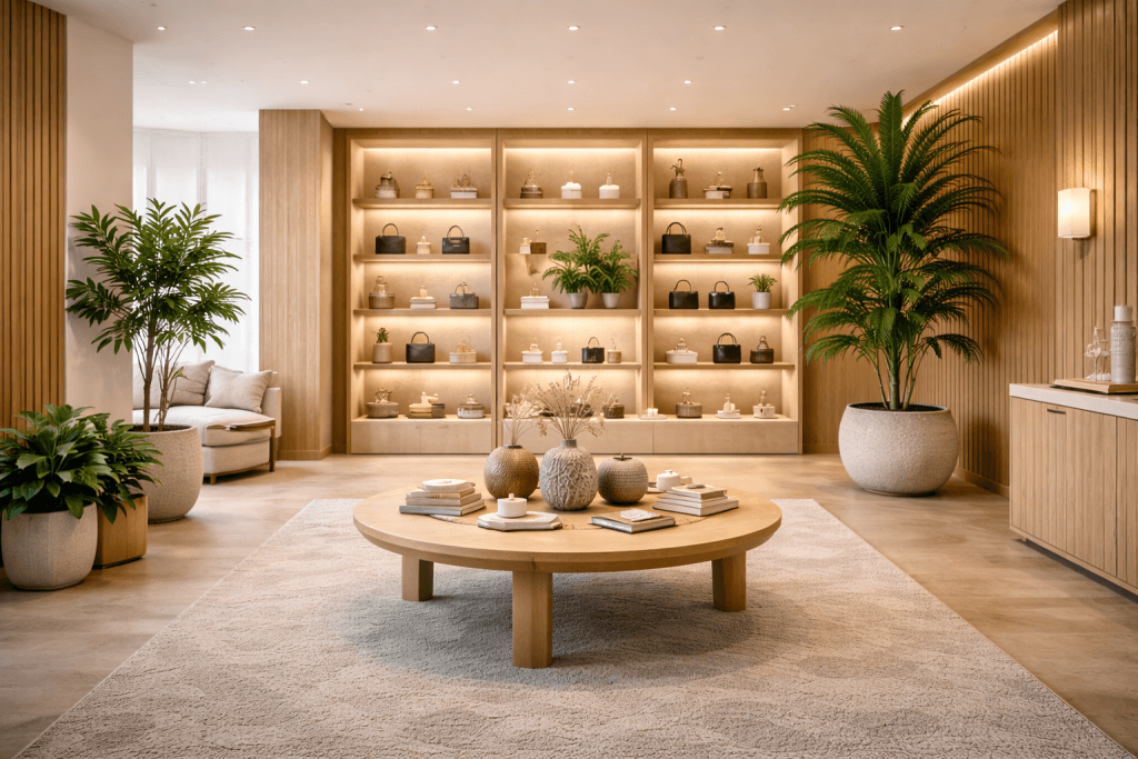 A room with a coffee table and shelves with plants.