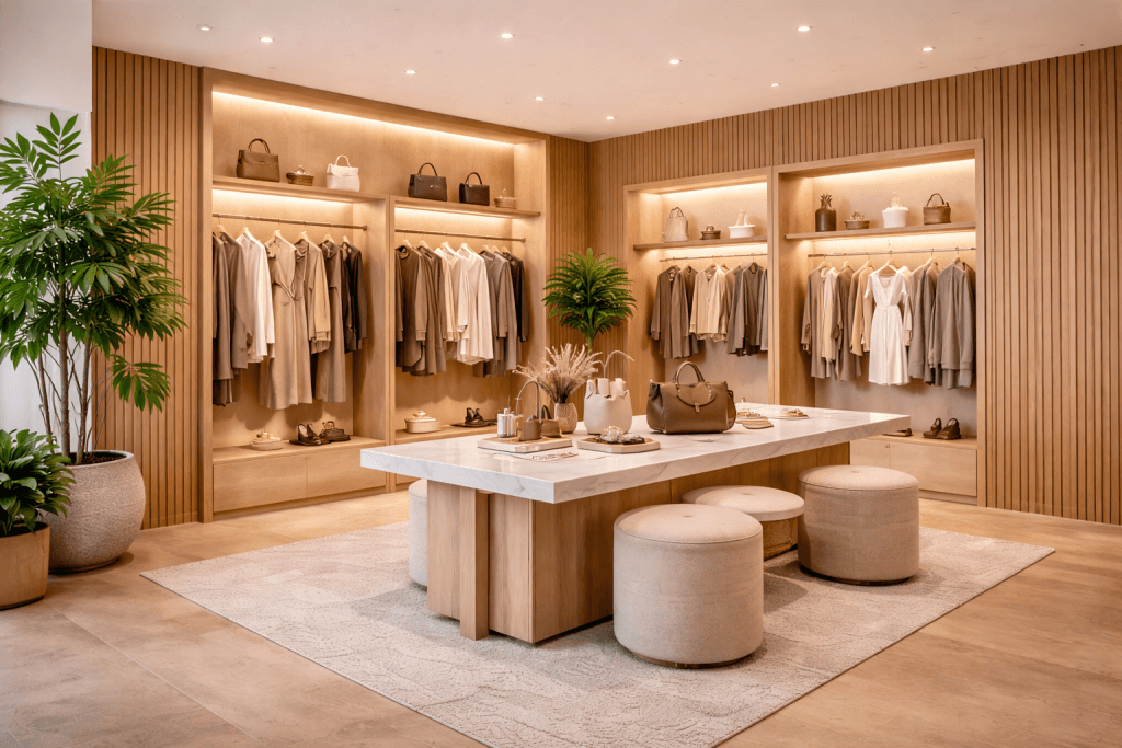 A modern, stylish clothing boutique with wooden walls, neutral-toned clothes neatly displayed on racks, handbags on shelves, a large marble table in the center with decor, and round cushioned stools on a rug.