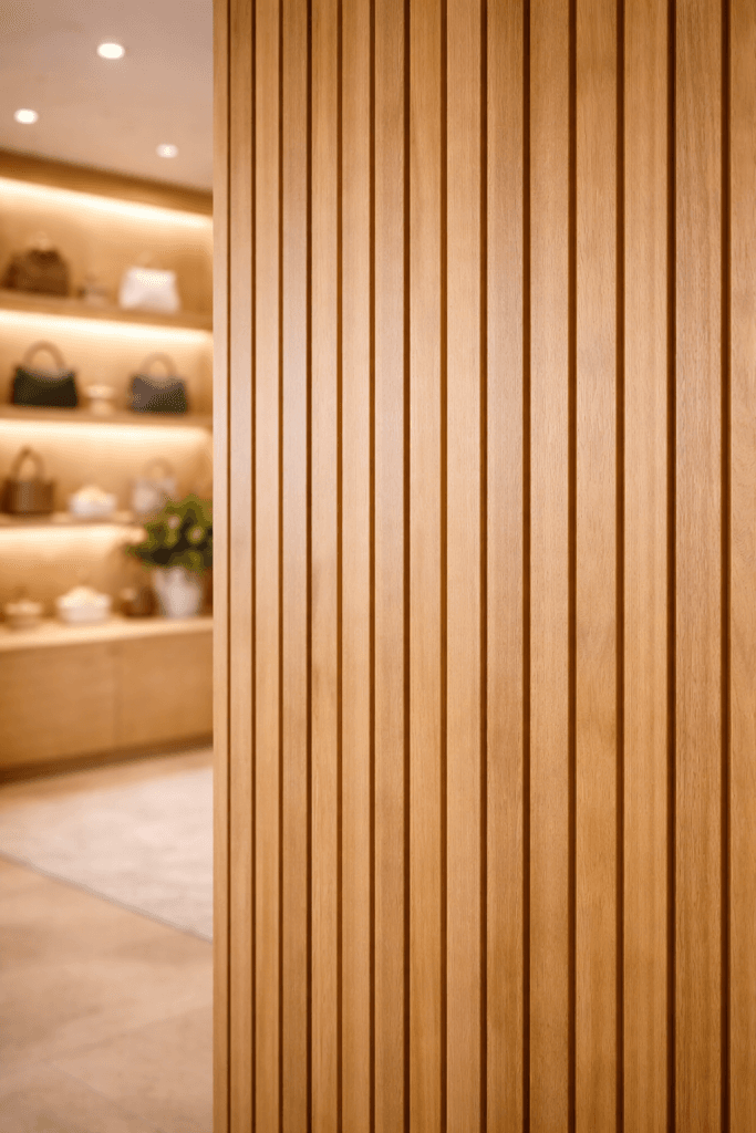 A close-up of a wooden wall with vertical grooves. In the blurred background, shelves display various handbags and plants in a well-lit, modern store interior.