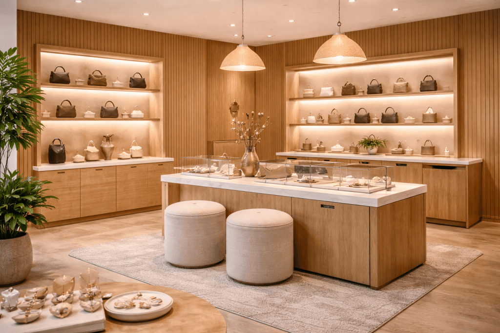 A modern boutique displaying handbags on lighted wooden shelves, with two display tables and round beige ottomans. The store features neutral tones, soft lighting, and decorative plants, creating an elegant and inviting atmosphere.