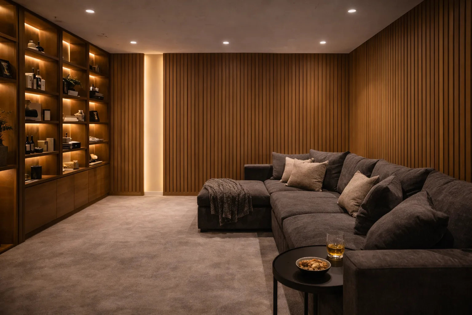 A cozy, modern living room with warm wood-paneled walls, a gray sectional sofa with pillows and a throw blanket, a round side table with a drink and snacks, and a backlit shelving unit displaying decor items.