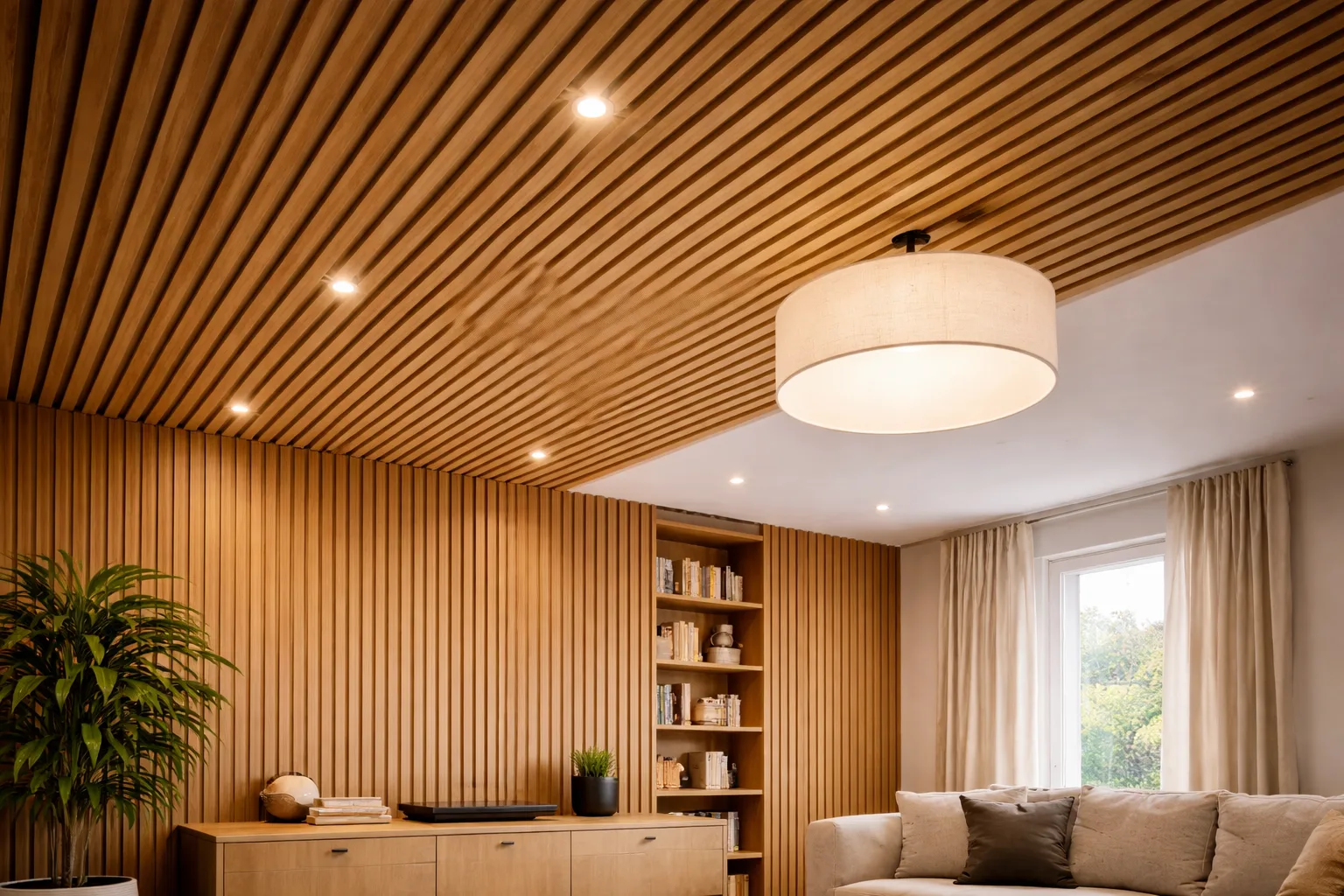 Modern living room with wooden slat walls and ceiling, beige sofa with cushions, built-in shelves with books, a potted plant, a sideboard, a large round ceiling lamp, and a window with cream curtains.