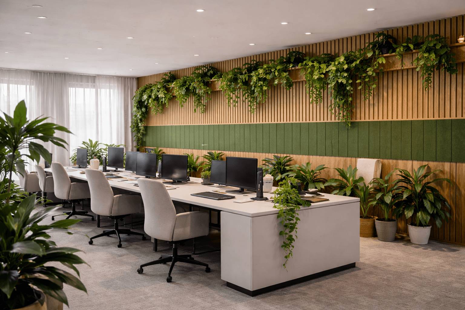 A modern office space with several workstations, ergonomic chairs, and computer monitors. The room is decorated with green plants and features wooden wall panels with greenery cascading from shelves above. Natural light fills the area.
