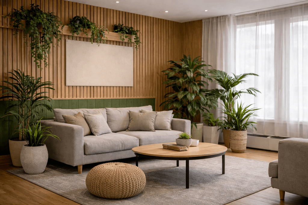 A modern living room with a light gray sofa, round wooden coffee table, woven pouf, and several potted green plants. Wood panel walls, a blank canvas, and large windows with sheer curtains create a bright, cozy atmosphere.