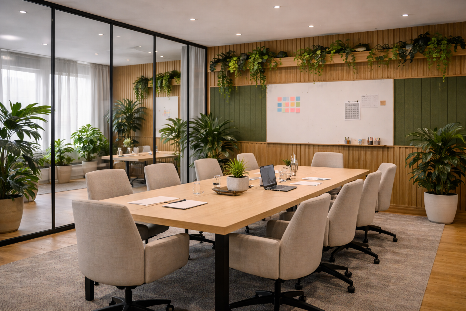 A modern conference room with a long wooden table, beige chairs, potted plants, glass walls, whiteboards, and sticky notes. Natural light fills the space, creating a bright and inviting atmosphere.