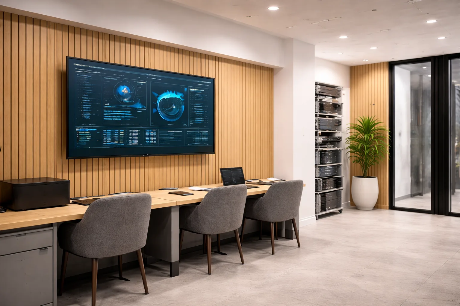 Three chairs at a long desk with laptops and office equipment face a large wall-mounted screen displaying data visuals in a modern office with wood paneling, potted plant, and server racks in the background.