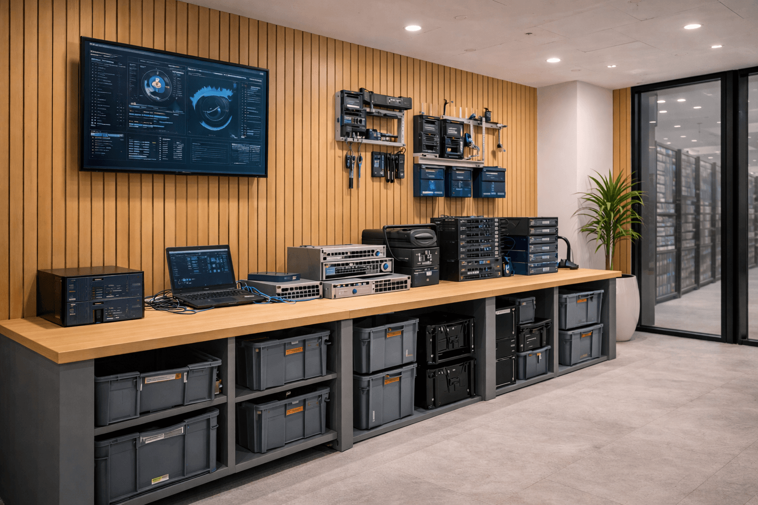 A modern tech workspace with servers, network equipment, and tools neatly arranged on a wooden workbench and wall, with storage bins below, a laptop, a monitor displaying data, and a large potted plant in the corner.