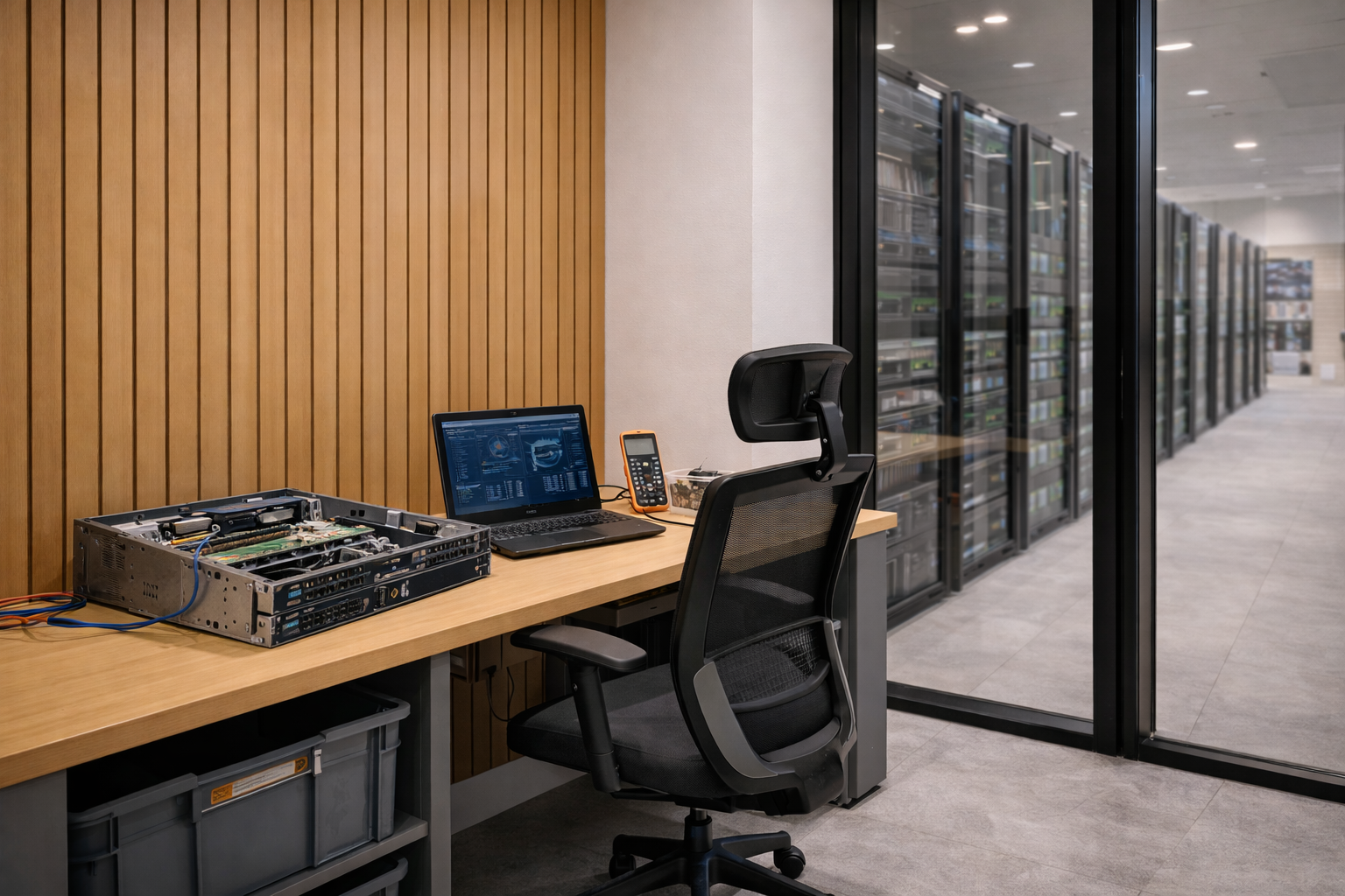 A modern server room with a workstation featuring an open server case, a laptop displaying data, a handheld device, and an office chair. Glass panels show racks of servers in the adjoining room.