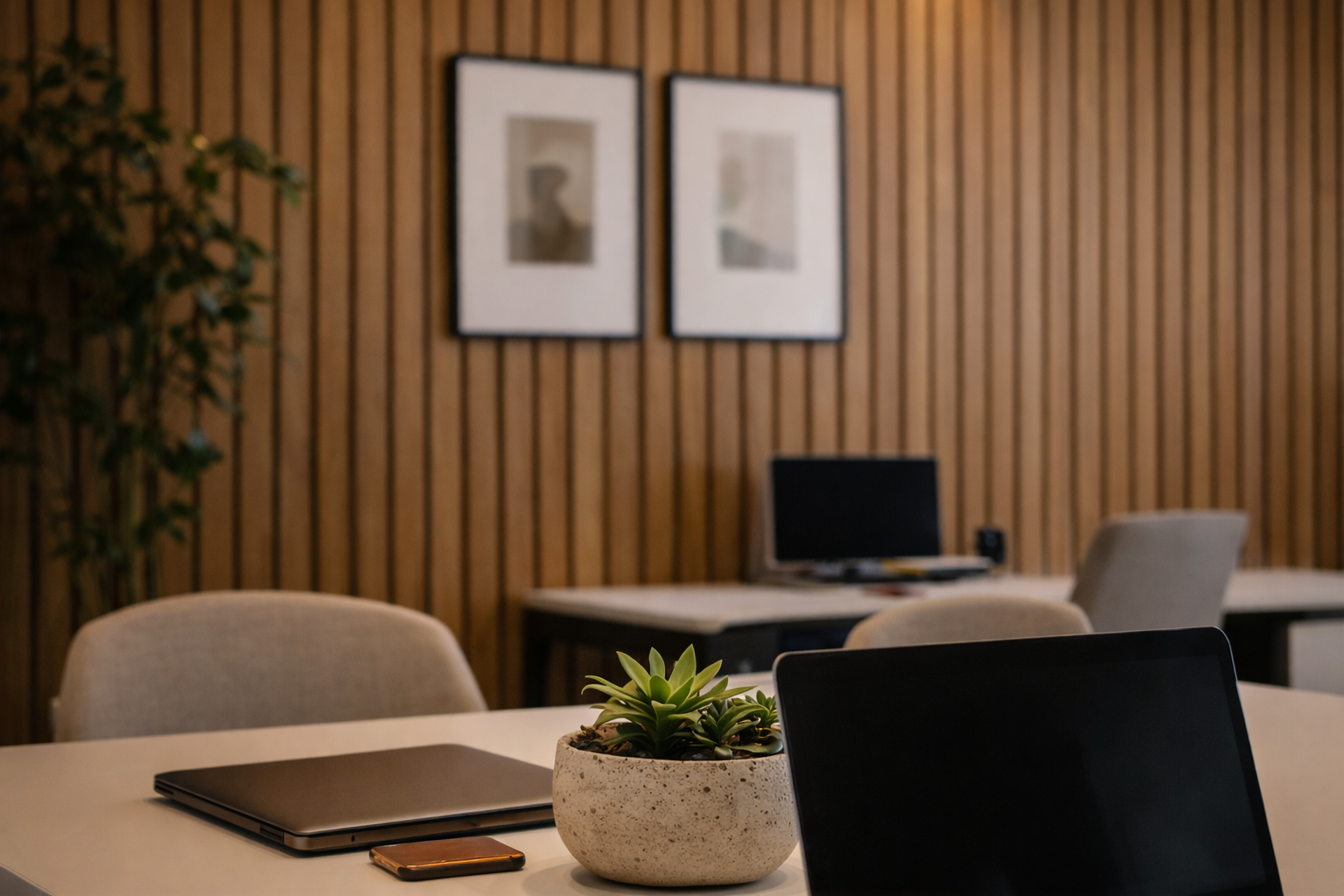A modern office space with wooden panel walls, desks with laptops, a potted succulent, a smartphone, and framed art on the wall. A computer monitor and a plant are visible in the background.