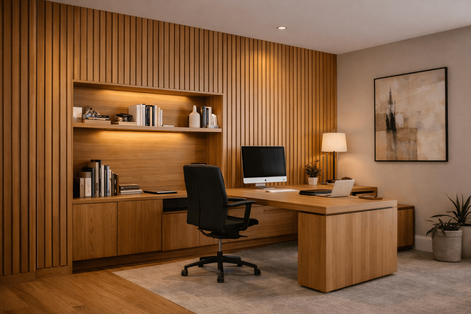 A modern home office with wooden furniture, including a large desk and shelving, a black office chair, a desktop computer, a laptop, books, plants, a table lamp, and a neutral-toned abstract painting on the wall.