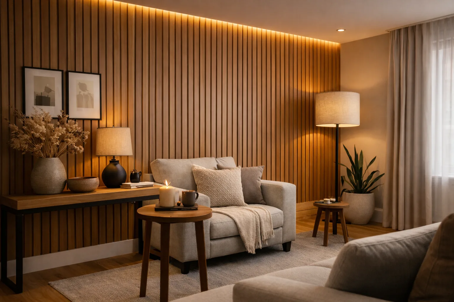 A cozy living room with a beige armchair, a lit floor lamp, and a side table with a candle. The wood-paneled wall features framed art, and the space is decorated with dried flowers and neutral tones. Natural light enters through sheer curtains.