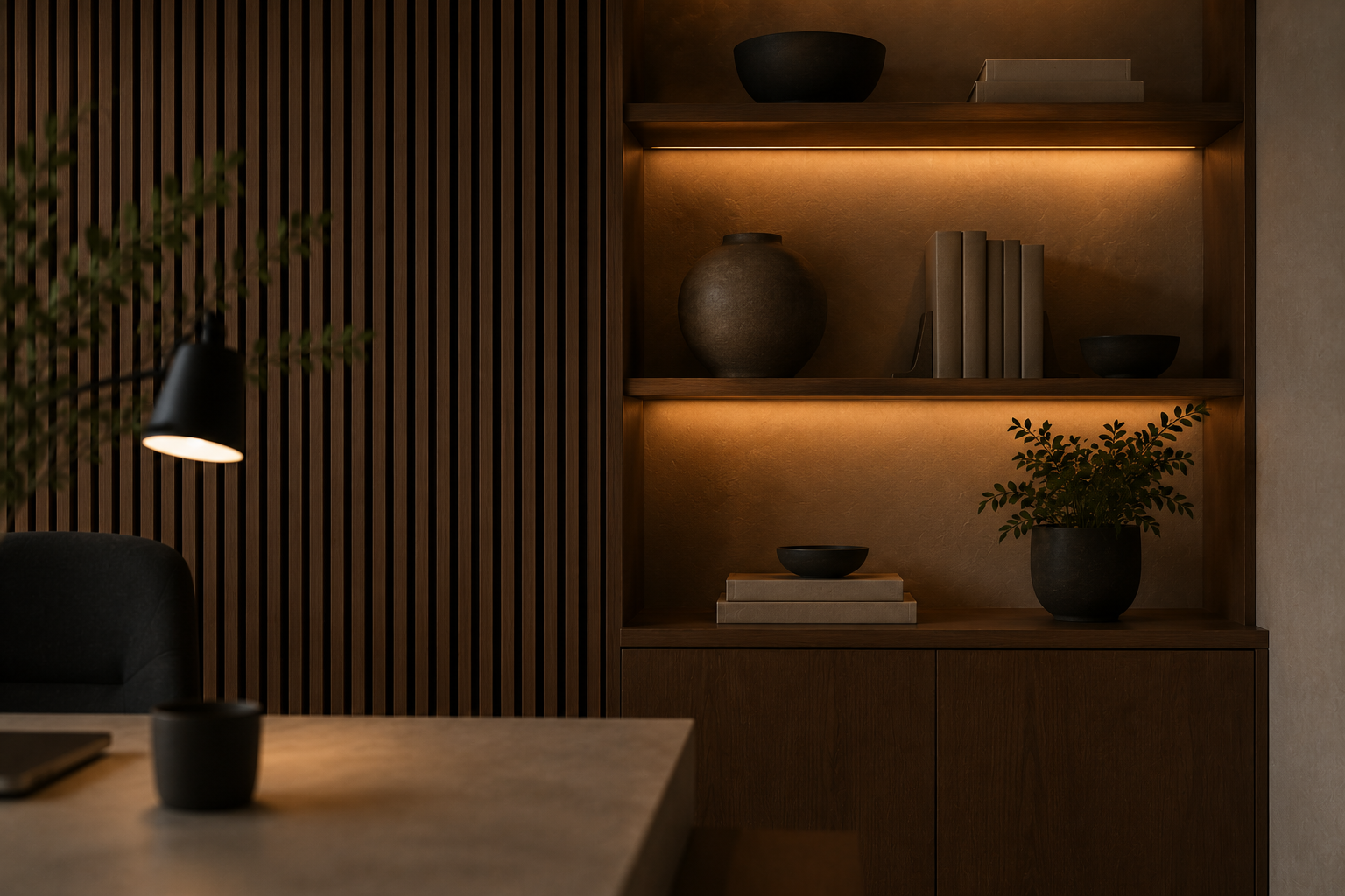A dimly lit office with a desk, chair, and a wooden wall. A bookshelf with warm lighting displays decorative items and books.