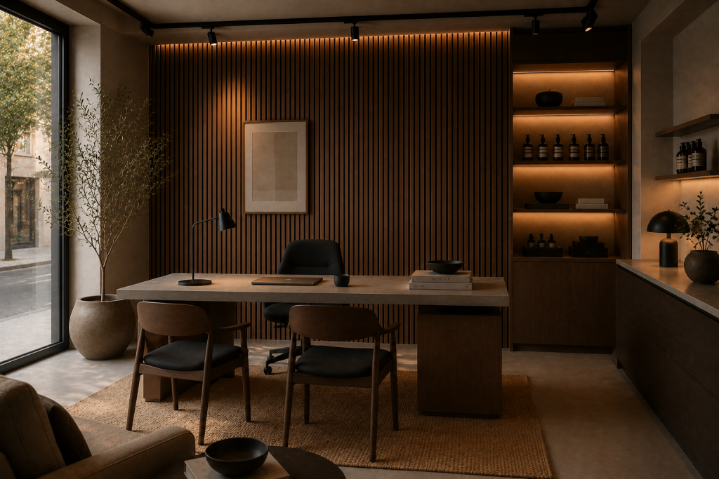 A modern office with a slatted wood accent wall. Features a concrete desk, dark wood chairs, and warm ambient lighting.