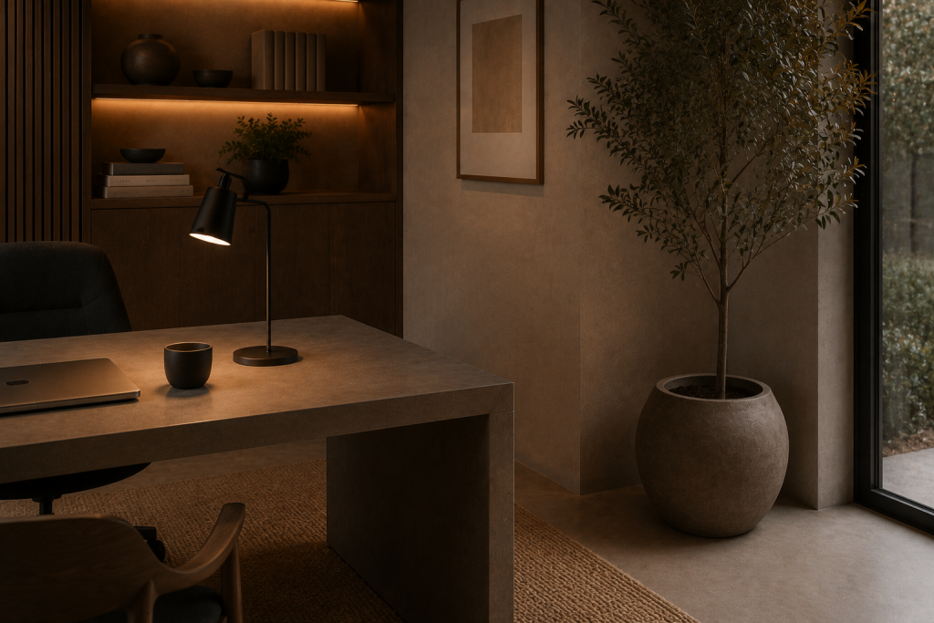 A modern desk is lit by a sleek black lamp and features a laptop and cup. Shelving with books and a plant are visible behind. A large potted plant sits near a window.