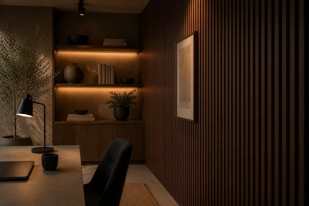 A modern, dimly lit office with wooden walls, shelves holding vases and books, a desk with a lamp, laptop, and cup, and a framed artwork on the right wall. Warm lighting creates a cozy atmosphere.