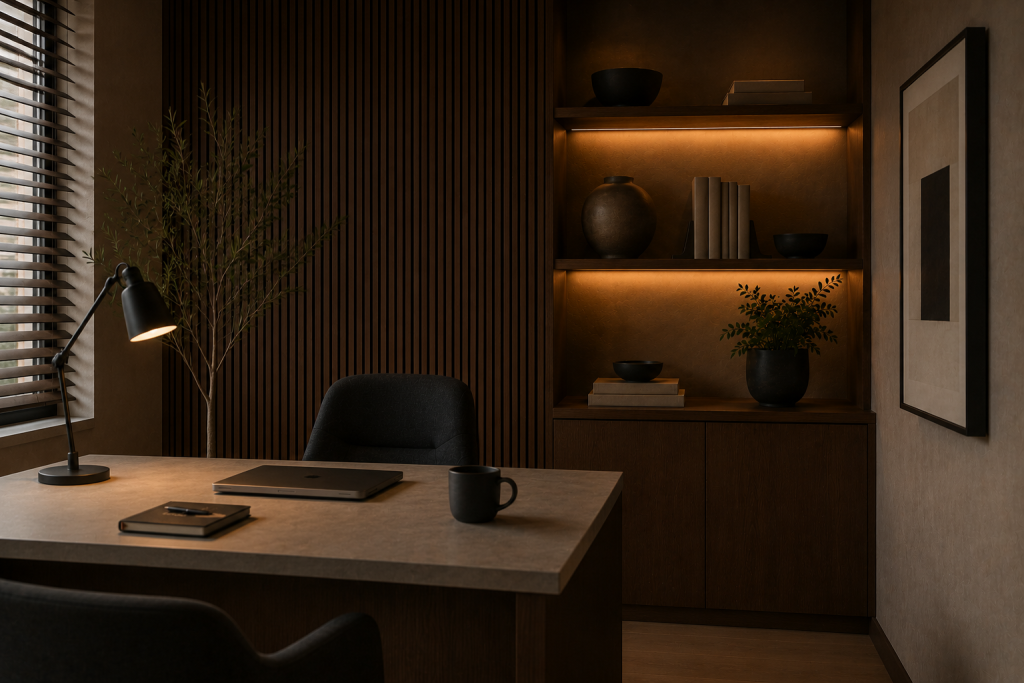 A modern, dimly lit office with a wooden desk, laptop, notebook, and mug. Behind the desk are shelves with decorative vases, books, and plants. A black chair and desk lamp are also present.