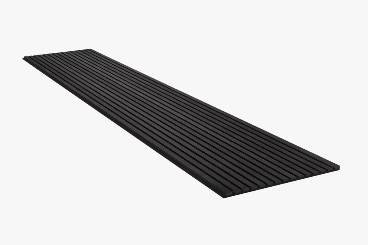 A long, rectangular black rubber mat with evenly spaced ridges, shown on a white background.