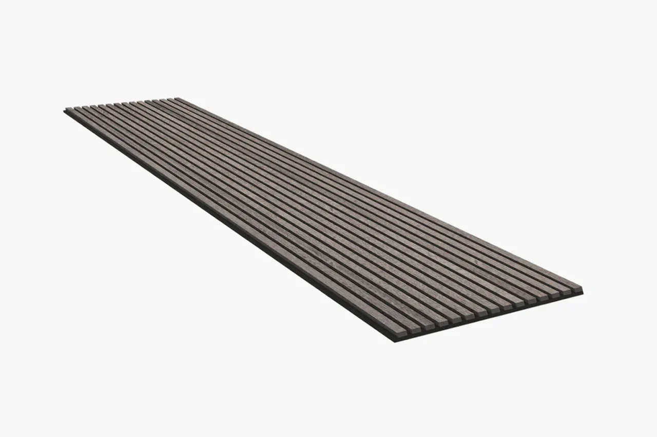A long, rectangular, dark brown wooden slatted panel with evenly spaced narrow slats, shown on a white background.
