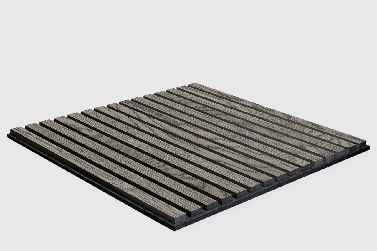 A square panel with evenly spaced, parallel wooden slats on a dark base, displayed against a plain light background. For more details, refer to Stilj™ Technical Downloads.