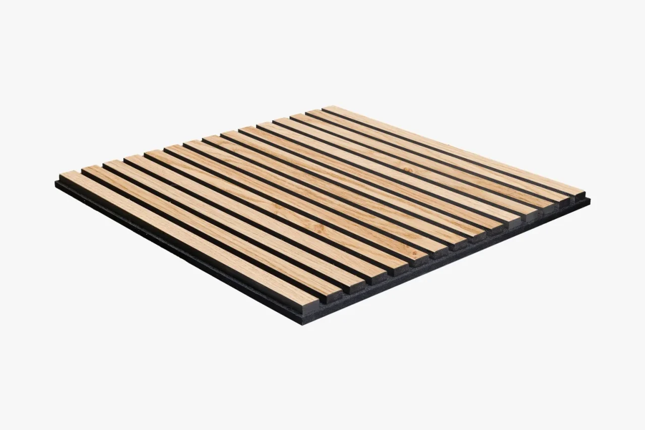 A square acoustic panel with evenly spaced light wood slats on a black base, viewed from an angle against a white background.
